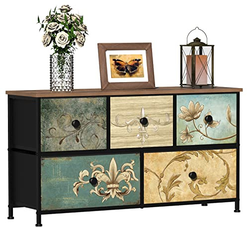 Tohomeor Byrå med lådor för sovrum, tygbyrå för garderob, barnrum, entré, hall, träd, TV-skåp för vardagsrum, retro blommönster (5 lådor)