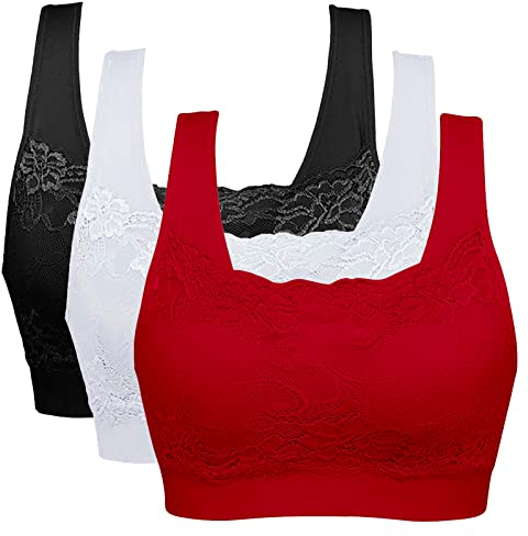 Vertvie Womens Strech Ohne Buegel Push up Yoga Sports BH Bra Top Set Fuer Fitnesstraining Polsterung 3er Pack (EU L/Tag XL, Schwarz+Weiß+Rot)