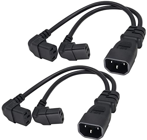AAOTOKK 90 Grad C14 zu Duales C13 Y Shunt AC Wandlerkabel(2Pack/1Fuß) | 18AWG IEC320 C14 3 Poliges Männer zu 2X C13 3 Polige Mutter Kabel,Für Computer、LED-Fernseher、Monitore、ScannerAndere Geräte
