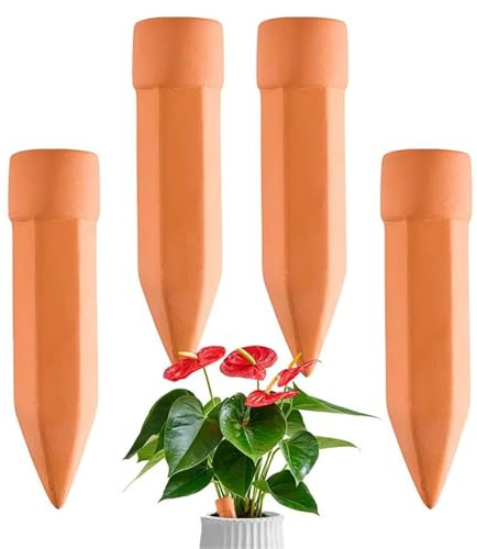 CHSEEO Lot de 4 Oyas a Planter Terre Cuite, Auto-arrosantes en Ollas Terre Cuite, Cône en Argile d’arrosage, Goutte-Gouttes Automatiques pour Plantes en Pot D'intérieur, Marro (#10 * 4pcs)