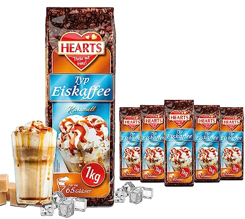 HEARTS Lot de 5 boîtes de café glacé caramel en poudre pour l'été, préparation rapide, soluble, laiteux, crémeux, lot de 5, suffisant pour 400 tasses