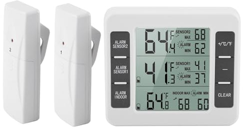 Therometer Kabelloses Digitales Kühl und Gefrierschrank-Thermometer mit Akustischem Alarm für den Kühlschrank, 2-teilige Sensor-Min/Max-Anzeige, Abs