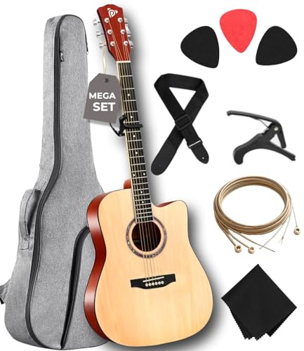 Pyle Beginner Acoustic Guitar Kit - Full Size 41” Cutaway Dreadnought Natural Matte Finish w/ Upgraded Gig Bag, Tuner, Steel Strings, Picks, Strap, Capo, For Beginners/Adults - (Natural, Premium Kit)