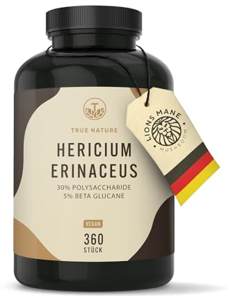 Lions Mane - 360 Capsule - 60000mg (Estratto 30:1) Alto dosaggio - Hericium Erinaceus 30% Polisaccaridi e 5% Beta Glucano - criniera di leone - Testato in Laboratorio - TRUE NATURE®