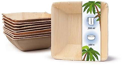 onlyleaf Palmware - umweltfreundliches Einweggeschirr aus Palmblättern I 300 Stück Palmblatt Schale quadratisch 300ml 13cm I Salat-Schüssel Dipschale Suppenschale Servierschale Snackschale