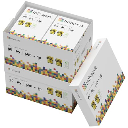 Infowerk Druckerpapier Kopierpapier 500-150000 Blatt A4 80g Premium Weiß PEFC zertifiziert (10.000 Blatt)