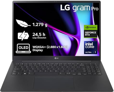 LG 2024 gram Pro 16 Zoll Notebook - 1199g Intel Core Ultra7 Laptop (32GB RAM, 2TB Dual SSD, 24,5h Akkulaufzeit, IPS Panel Anti-Glare Display, Win 11 Pro) - Schwarz