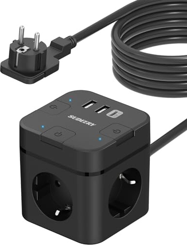 3 Fach Steckdosenwürfel USB C mit 4m Kabel, Schwarz | 6 in 1 Steckdose Steckerleiste Flachstecker mit Einzeln Schaltbar, Mehrfachstecker Würfel mit für Büro Hause Reisen