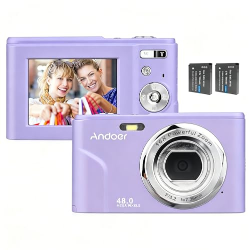 Andoer Digital Camera, 48MP 1080P Portable Camera 128GB Extended Memory | 2.4-inch IPS Screen, 16X Zoom, Auto Focus Self Timer, Face Detection, Anti-Shaking with 2pcs Batteries, Purple