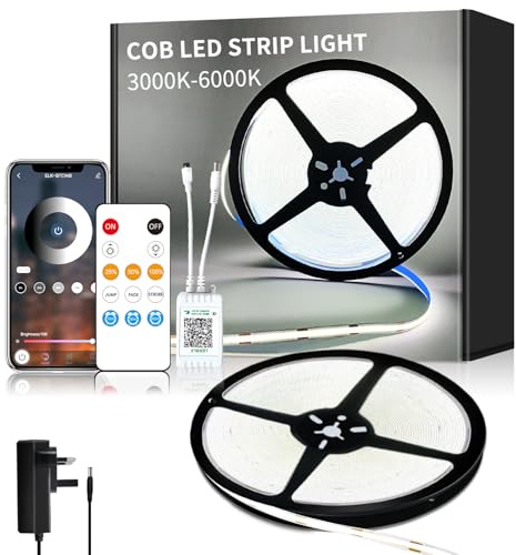 Yeewhale COB LED Strip Lights 6000K 10M 24V Dimmable White LED Strip Kit | with Remote and app Control Adhesive and UKCA Power Supply LED Tape Lights,for DIY Home Decoration