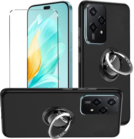 3-in-1 Case + Phone holder Ring Compatible with Honor 200 Lite Cover with 1 Pack Tempered Glass Screen Protector for Honor 200 Lite, Slim Fit Soft TPU Shockproof Anti-Scratch Phone Case Cover - Black