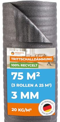 Trittschalldämmung 3mm Profi Basic 75m² | recycelte PE-Schaumfolie | 3 Rollen als Laminat- und Parkettunterlage zur Wärmedämmung | Fußbodenheizung geeignet