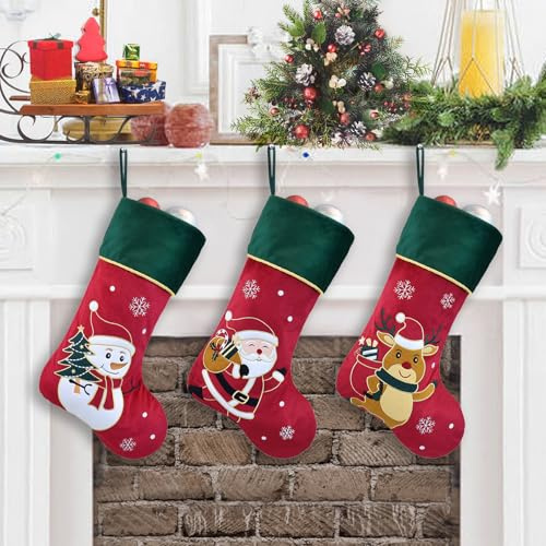 Duosheng & Elegant Calze Natalizie da Appendere 3 Pezzo Calza Befana Rosso Verde Calza di Natale Calze Camino Natale Set Decorazioni Natalizie