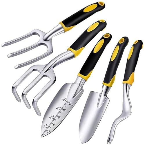 Set di 5 attrezzi da giardinaggio per giardino, casa, patio, set di attrezzi in alluminio resistente con vanga da trapianto da giardinaggio, coltivatore, sarchiatore, cazzuola e forcone per diserbo,