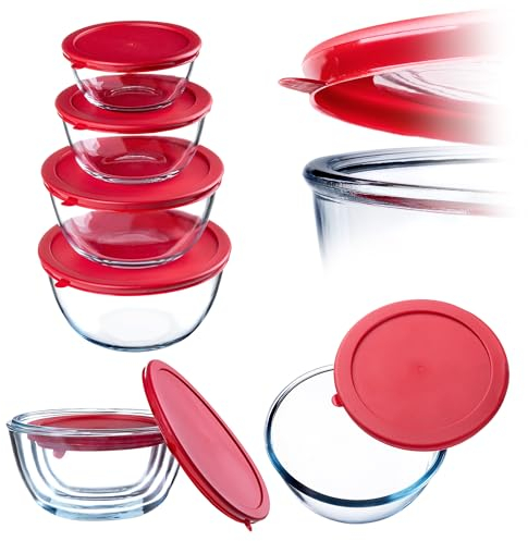 KADAX Lot de 4 bols mélangeurs en verre avec couvercle pour pâtisserie, aliments, cuisine, préparation, boîtes de conservation rondes pour aliments, 0,5 à 2 l, passent au lave-vaisselle
