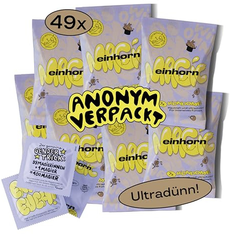 einhorn ultra dünne Kondome I Jahresvorrat Magic im Geheimpaket I 49 Stück I Standardgröße 53 mm I vegane, hormonfreie Verhütung I natürlicher Gleitfilm I nachhaltig und sichere
