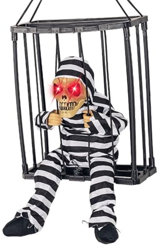 GGXDH Animierte Halloween Deko mit Bewegungsmelder, Schreiender Totenkopf‑Käfig mit Leuchtenden Augen & Gruseligen Geräuschen, Spukhaus Horror Requisit für Halloween Party