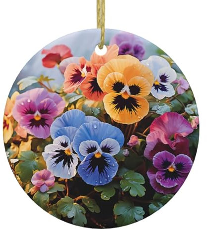 Stiefmütterchen Blumen Weihnachten Ornament Runde Keramik Hängende Ornamente für Weihnachtsbaum Feiertage Ornamente mit Goldseil Hängende Porzellananhänger für Party Weihnachtsdekoration