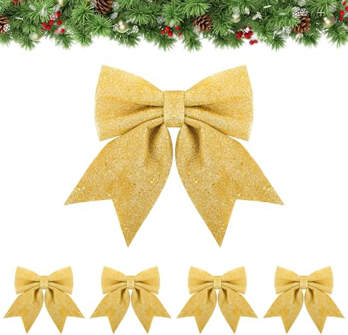 Wolkstello Noeud Sapin Noel Doré, 5 Pièces Grande Noeud de Ruban de Noël, Arc de Noël Pailleté, Noeud Doré Sapin Noel, Decoration Noel pour Sapin Couronne de Noel Emballages Cadeaux Mariage