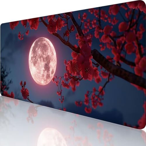 Rot Mauspad XXL 800 x 300, Erweiterte Groß Mousepad Mond, Wasserfest Schreibtischunterlage Groß Vernähte Kanten Design, Mouse Pad mit rutschfeste Gummibasis für Pc Büro Deko, Geschenke für Männer t-8