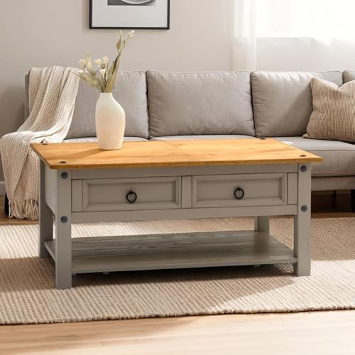 IDIMEX Couchtisch Ramon mit 2 Schubladen grau/braun - Sofatisch aus Kiefer Massivholz, Wohnzimmertisch mit Stauraum und hochwertiger Tischplatte