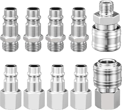 10-Piece Industrial Air Line Fittings Set – 1/4 BSP Euro Connectors for Compressors, Hoses, and Air Tools – Nickel-Plated Steel Couplers and Plugs