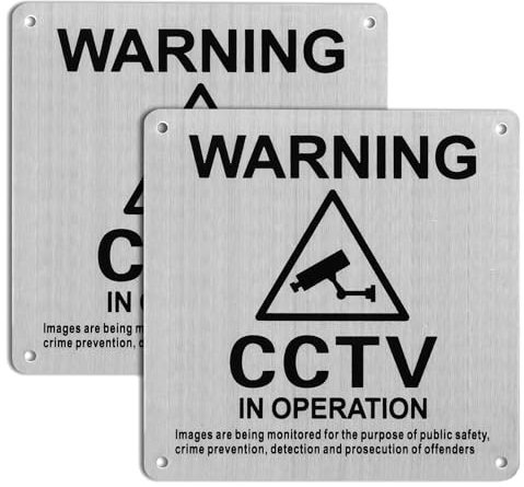 Teasteam CCTV In Operation Signs 2Pack | 10x10cm CCTV Sign Brushed Aluminum | Surveillance Warning Signs | Pre-Drilled CCTV Stickers | Indoor Outdoor Waterproof UV Resistant | with Adhesive Backing
