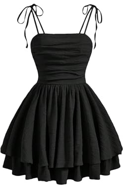 GORGLITTER Women's Tiered Ruffle A Line Cami Dresses Tie Shoulder Ruched Bust Smocked Short Sundress Black Large