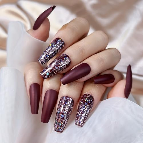 Unghie Finte Media Lunghe MouyouGlow,Ballerina Viola Scuro Brillantini Press on Nails con Colla,Dark Purple Sparkly Fake Nails