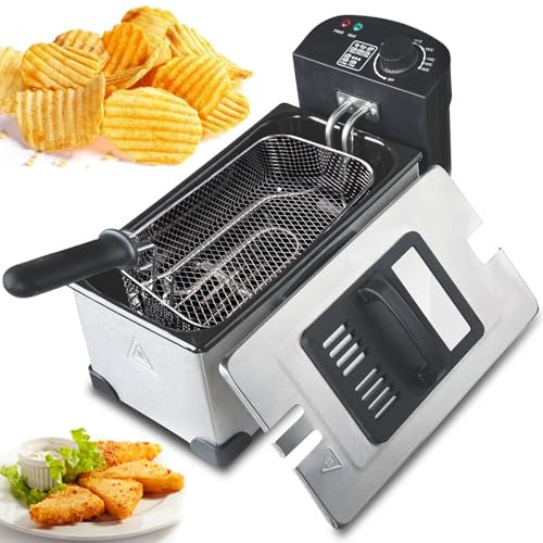 IUokLU Freidora de Aceite con Cesta para freír de 3 l de Acero Inoxidable con Tapa de Cristal Templado Visible Apta para lavavajillas para Pollo Frito camarones y,