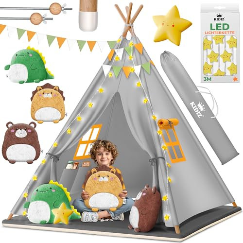 KIDIZ® Tipi de campaña para niños, 100 x 100 x 160 cm, algodón, cadena LED, estrellas luminosas, guirnalda de banderas, 3 peluches, alfombrilla y bolsa de transporte