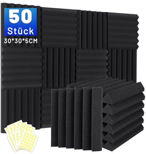 50 Stück Akustikschaumstoff Schalldämmung, 5 X 30 X 30CM (2 X 12 X 12) Schalldämmung Schallschutzplatten, Akustikschaumplatten Schallabsorber Akkustikschaumstoff, Hochdichte Schallabsorber Wand