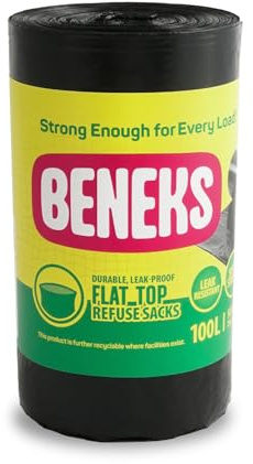 BENEKS 100L Heavy Duty Schwarz Müllsäcke - Extra Starke Große Müllsäcke - Flache Oberseite, Reißfest - 50 Beutel pro Rolle - Größe 75 x 100 cm - Ideal für Garten, Haus & Gewerbeabfälle
