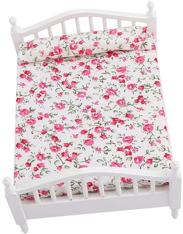 Fafeicy Lit Double de Poupée, Mobilier Miniature de 1/12 Mobilier de Fleurs Lit en Bois pour Poupées avec Une Belle Fabrication