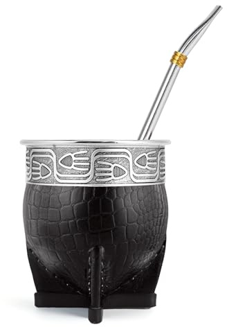 Cuopru Imperial Mate Flaschenkürbis mit Bombilla-Set, Yerba Mate Teebecher, Mate Strohhalm und Reinigungsbürste inklusive, Guarda Rupestre - Fisch-Stil (Schwarz)