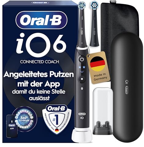Oral-B iO Series 6 elektrisk tandborste, 2 borstar, 1 resefodral, 1 förvaringsväska för laddningsstation, designad av brun, svart lava