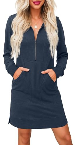 PrinStory Abito maglione da donna UK a maniche lunghe con mezza zip scollo a V abito in felpa con tasche laterali, Blu scuro, XL