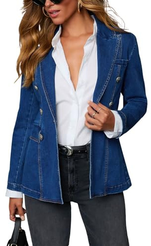 ebossy Women's Fashion Slim Denim Blazer Notched Lapel Long Sleeve 1-Button Casual Work Jean Jacket Outwear (X-Large, Dark Blue)