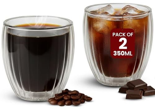 Fusion Food Striped Double Walled Glass Coffee Mugs Set of 2-350ml Coffee Glass Cups for Hot & Cold Drinks - 8 x 11.5 cm Latte Mugs Scratch Resistant, Easy to Clean, Stylish Clear Coffee Glasses