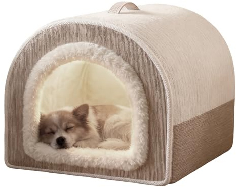 Cama tipo cueva para perros, cálida y acogedora cama de felpa cerrada para gatos y perros pequeños y medianos, tienda de campaña para mascotas con capucha de techo y asas de transporte