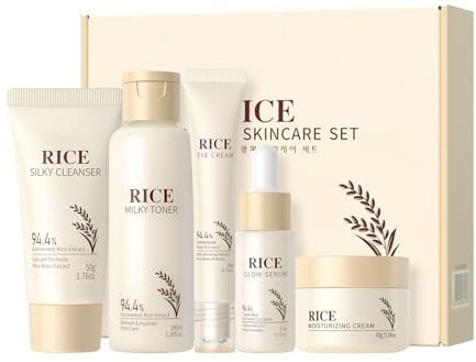 5 stycken ris Skincare set, Skincare set för kvinnor, Rice ansiktsvård set med fuktkräm, serum, toner, ögonkräm, rengöringsmedel, anti-aging presentset för kvinnor, fukt och lugnande vård