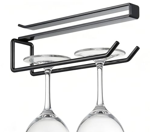 Under Counter Glassware Rack - Space Saving Wine Glass Holder for Cabinets | Sleek Metal Hanging with Storage Tray, No Drill Setup, Perfect for Wine Goblets Stemmed Glasses Bar Kitchen Dining Area