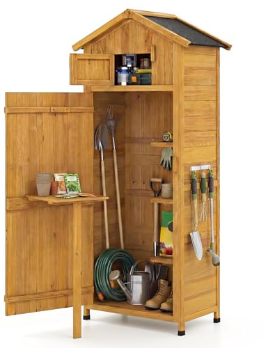 FANTASK Gartenschrank Holz, 76 x 51,5 x 178 cm, Gartenhaus Outdoor mit abschließbarer Scheunentür, Geräteschuppen mit klappbarer Seitentisch, Asphalt-Dach & Ablagen, Gartenhütte für Terrasse