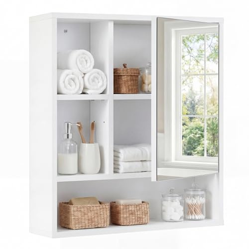 Lifezeal - Armario de pared para cuarto de baño con espejo, armario de almacenamiento de baño con estante ajustable y extraíble, compartimento abierto, puerta de espejo, para sala de estar, entrada