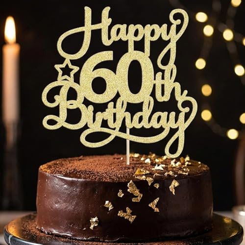 60th Birthday Cake Topper Gold - Elegant Adult Party Decorations, Food Grade Glitter Paper Happy 60th Cake Decor for Women & Men