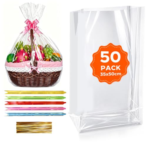 RITOLLO 50 Stück Große Zellophanbeutel 35 x 50 cm, Extra Stark 3 MIL, mit Schleifen & Verschlussdrähten, Klarsicht Geschenkbeutel für Präsentkörbe, Lebensmittelgeeignet OPP