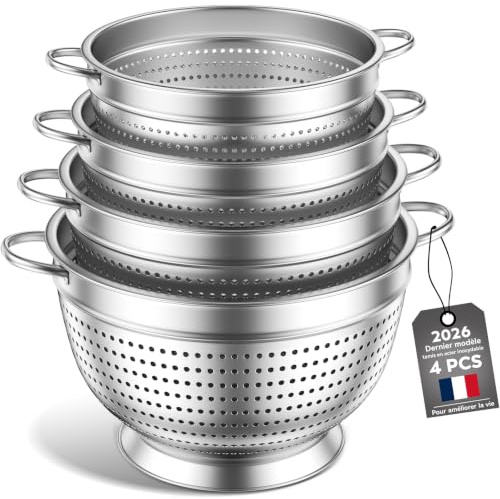 4 Pièces Passoire Inox Tamis Cuisine, 20/24/26/28 cm Passoire-égouttoir métallique pour évier avec poignée – Passoires à mailles fines pour le lavage des pâtes, légumes, fruits et riz (Quatre paquets)