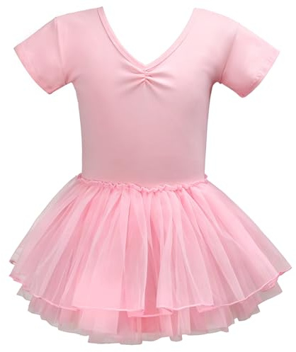 Discoball Girls Ballet Dress Short Sleeve Cotton Dance Leotard with Tutu Skirt Princess Ballerina Costume for Kids Toddler Summer Performance