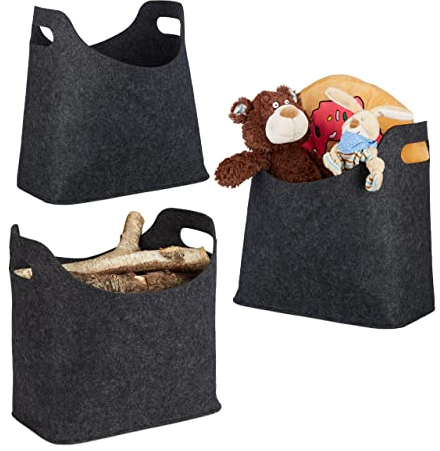 Relaxdays 3er Set Filztaschen, faltbar, flexibel, Griffe, 20 Liter, Filz, Tragetasche, HxBxT: 39,5 x 40 x 23 cm, modern, anthrazit