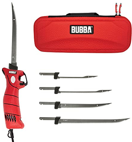 Bubba 110 V elektrisk filékniv med halkfritt grepphandtag, 4 Ti-Nitride S.S. Belagda non-stick-blad för fram- och återgående 20 cm snöre och förvaringsfodral för fiske